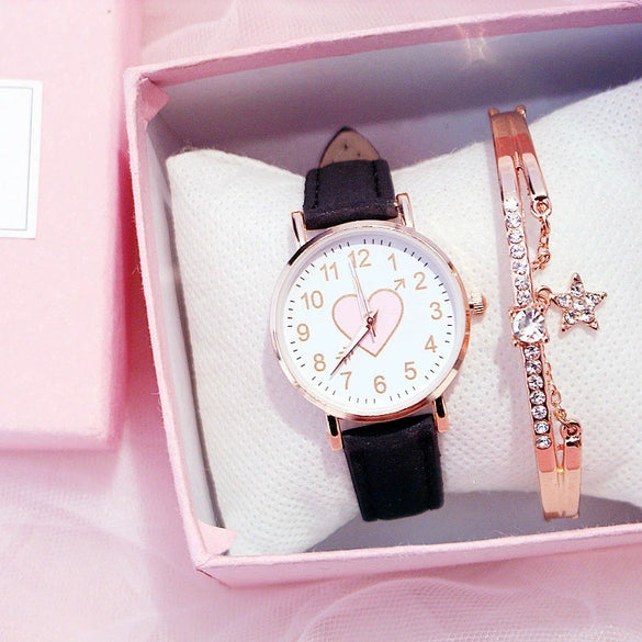 Women's Leisure Cute Heart Shaped Alloy Case Imitation Leather Strap Titanium Buckle Watch