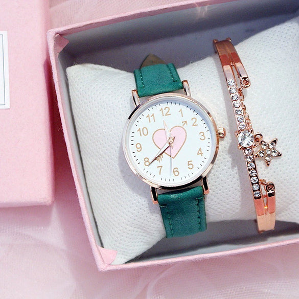 Women's Leisure Cute Heart Shaped Alloy Case Imitation Leather Strap Titanium Buckle Watch