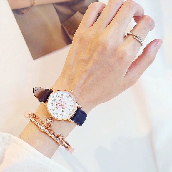 Women's Leisure Cute Heart Shaped Alloy Case Imitation Leather Strap Titanium Buckle Watch