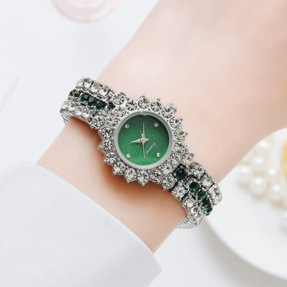Women's Leisure Diamond Bracelet Watch Twopiece Set Alloy Case Imitation Leather Strap Titanium Metal Clasp Round Dial