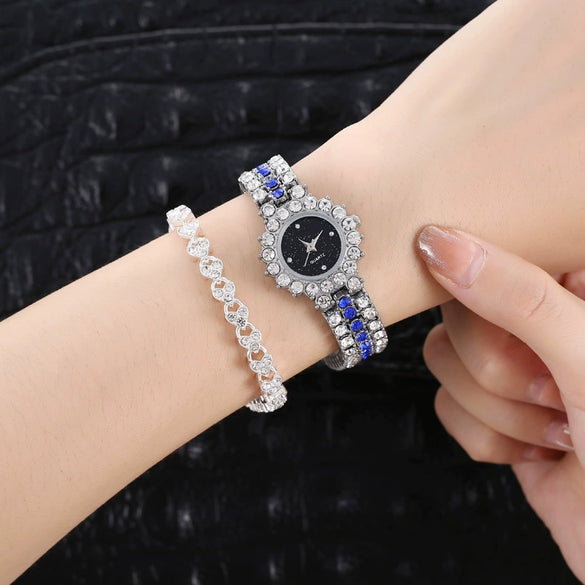 Women's Leisure Diamond Bracelet Watch Twopiece Set Alloy Case Imitation Leather Strap Titanium Metal Clasp Round Dial