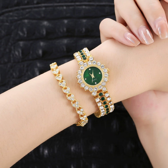 Women's Leisure Diamond Bracelet Watch Twopiece Set Alloy Case Imitation Leather Strap Titanium Metal Clasp Round Dial
