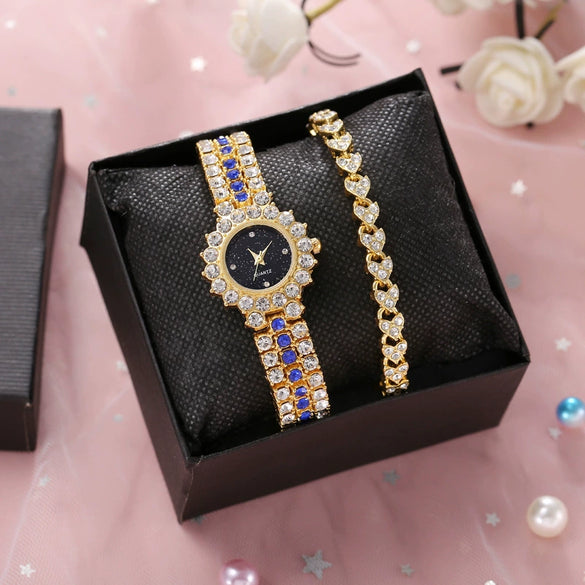 Women's Leisure Diamond Bracelet Watch Twopiece Set Alloy Case Imitation Leather Strap Titanium Metal Clasp Round Dial