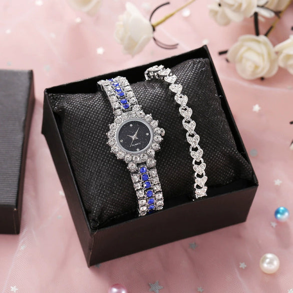 Women's Leisure Diamond Bracelet Watch Twopiece Set Alloy Case Imitation Leather Strap Titanium Metal Clasp Round Dial