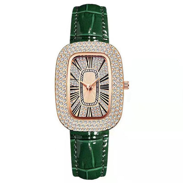 Women's Leisure Metal And Imitation Leather Barrelshaped Rhinestone Watch