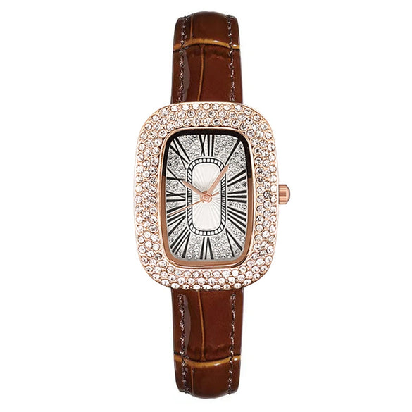 Women's Leisure Metal And Imitation Leather Barrelshaped Rhinestone Watch