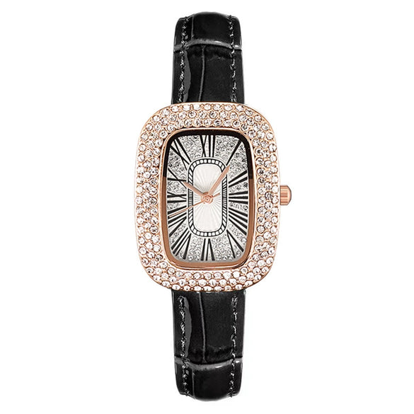 Women's Leisure Metal And Imitation Leather Barrelshaped Rhinestone Watch