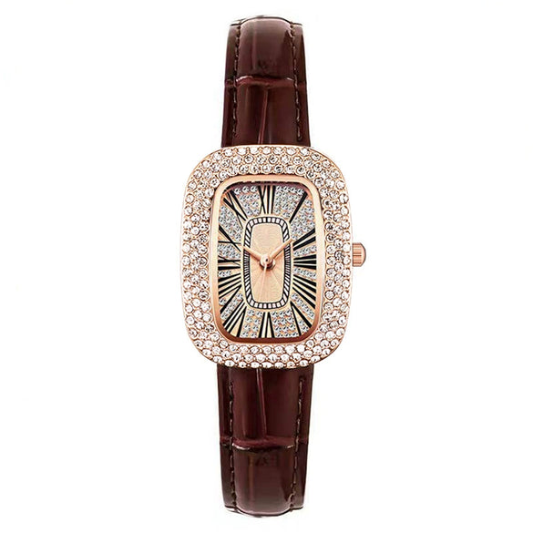 Women's Leisure Metal And Imitation Leather Barrelshaped Rhinestone Watch