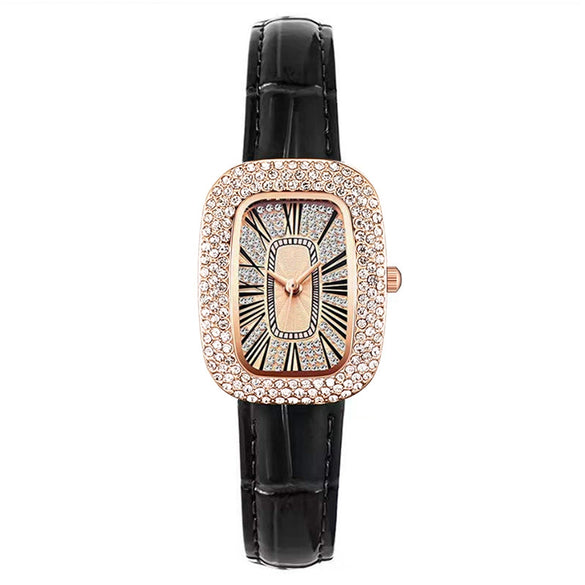 Women's Leisure Metal And Imitation Leather Barrelshaped Rhinestone Watch