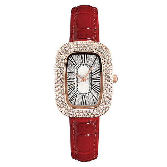 Women's Leisure Metal And Imitation Leather Barrelshaped Rhinestone Watch