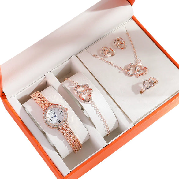 Women's Leisure Quartz Watch Alloy Case Imitation Leather Strap Round Dial Diamondencrusted