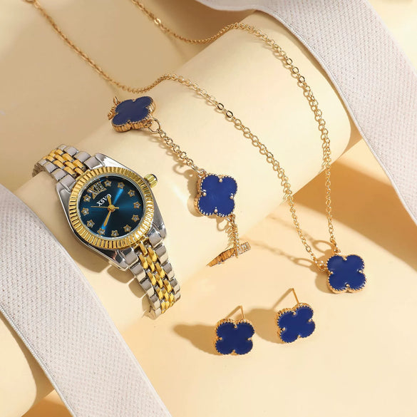 Women's Leisure Quartz Watch And Fourleaf Clover Necklace Jewelry Set Alloy Case Stainless Steel Buckle Imitation Leather Strap Round Dial