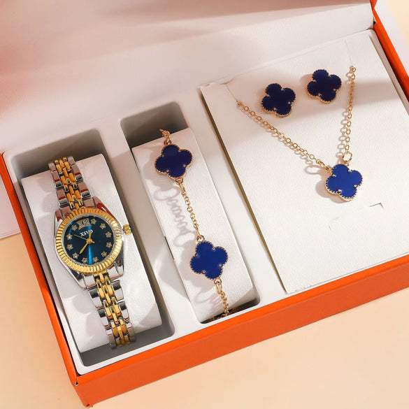 Women's Leisure Quartz Watch And Fourleaf Clover Necklace Jewelry Set Alloy Case Stainless Steel Buckle Imitation Leather Strap Round Dial