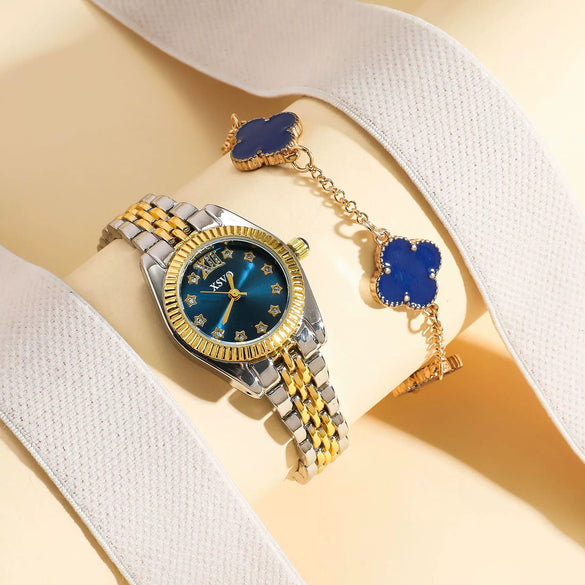 Women's Leisure Quartz Watch And Fourleaf Clover Necklace Jewelry Set Alloy Case Stainless Steel Buckle Imitation Leather Strap Round Dial