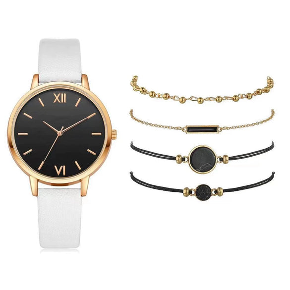Women's Leisure Quartz Watch Set With Alloy Case Imitation Leather Strap And Round Dial