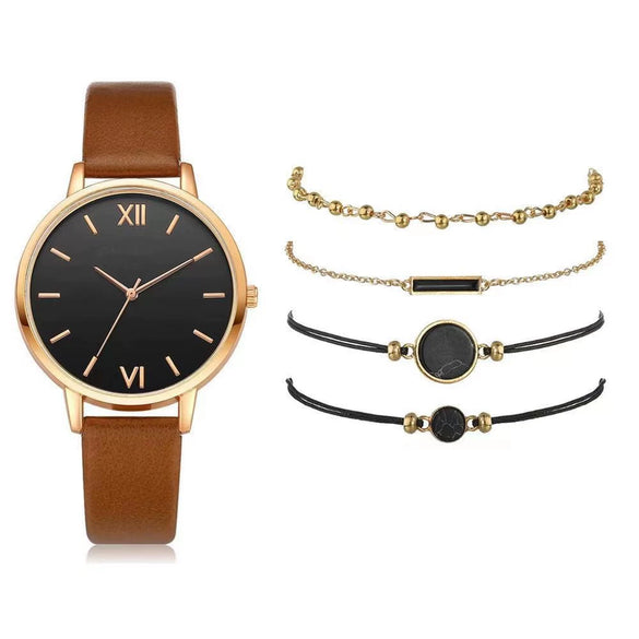 Women's Leisure Quartz Watch Set With Alloy Case Imitation Leather Strap And Round Dial
