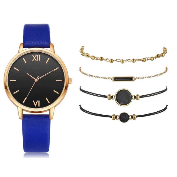 Women's Leisure Quartz Watch Set With Alloy Case Imitation Leather Strap And Round Dial