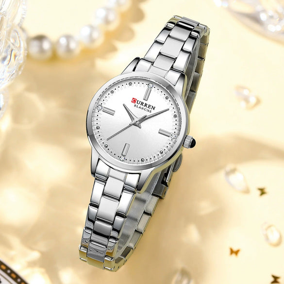 Women's Leisure Quartz Watch With Alloy Case Stainless Steel Band And Round Dial Set With Rhinestones