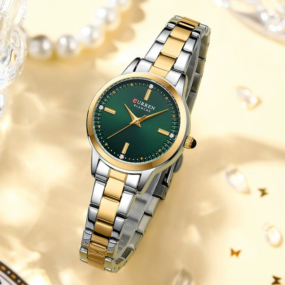 Women's Leisure Quartz Watch With Alloy Case Stainless Steel Band And Round Dial Set With Rhinestones