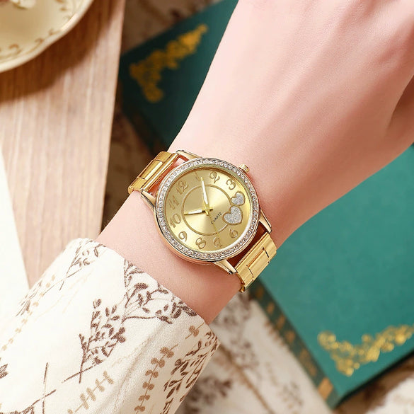 Women's Leisure Quartz Watch With Diamond Alloy Case And Steel Belt Round Dial