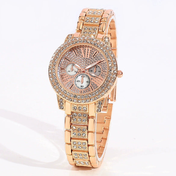 Women's Leisure Style Round Dial Alloy And Stainless Steel Watch With Full Diamond Highface Value