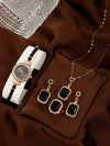 Women's Leisure Style Round Diamondencrusted Quartz Bracelet Watch And Jewelry Set With Alloy And Stainless Steel Materials
