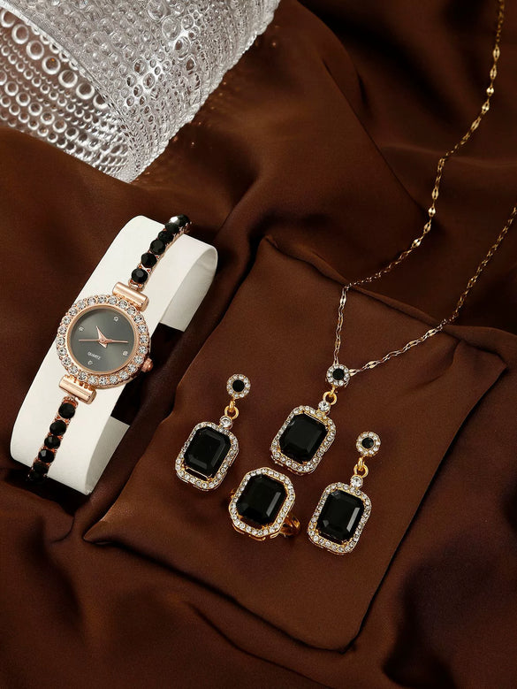 Women's Leisure Style Round Diamondencrusted Quartz Bracelet Watch And Jewelry Set With Alloy And Stainless Steel Materials