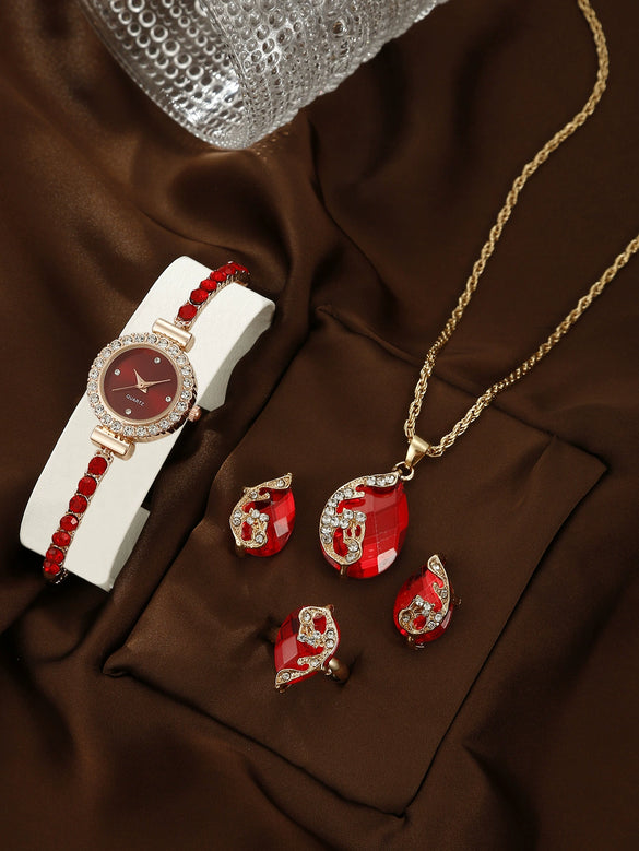 Women's Leisure Style Round Diamondencrusted Quartz Bracelet Watch And Jewelry Set With Alloy And Stainless Steel Materials