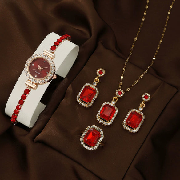 Women's Leisure Style Round Diamondencrusted Quartz Bracelet Watch And Jewelry Set With Alloy And Stainless Steel Materials