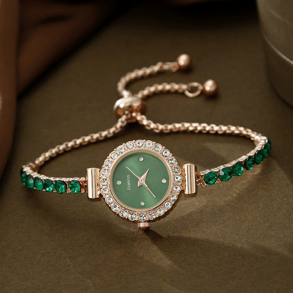 Women's Leisure Style Round Diamondencrusted Quartz Bracelet Watch And Jewelry Set With Alloy And Stainless Steel Materials