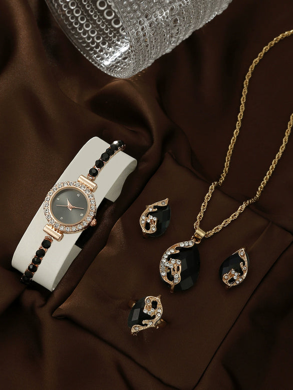 Women's Leisure Style Round Diamondencrusted Quartz Bracelet Watch And Jewelry Set With Alloy And Stainless Steel Materials