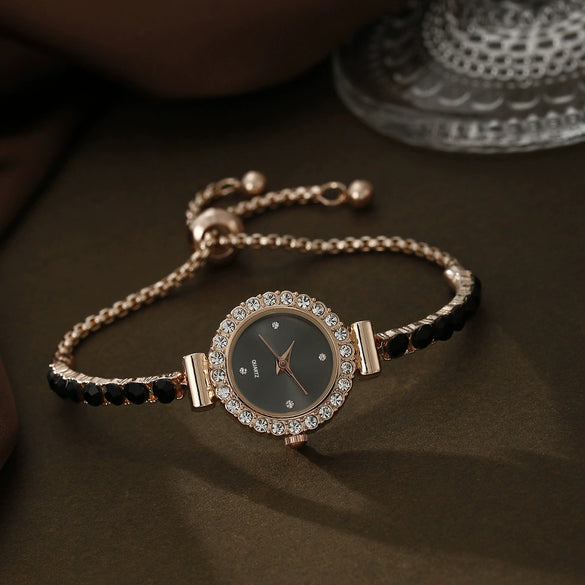 Women's Leisure Style Round Diamondencrusted Quartz Bracelet Watch And Jewelry Set With Alloy And Stainless Steel Materials