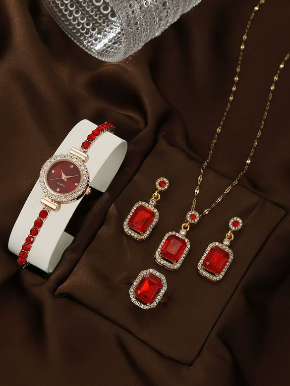Women's Leisure Style Round Diamondencrusted Quartz Bracelet Watch And Jewelry Set With Alloy And Stainless Steel Materials
