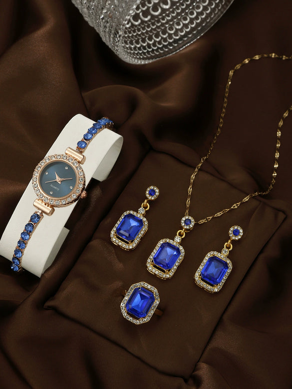 Women's Leisure Style Round Diamondencrusted Quartz Bracelet Watch And Jewelry Set With Alloy And Stainless Steel Materials