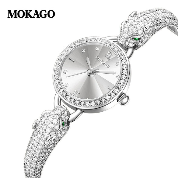 Women's Leopard Head Quartz Watch With Zinc Alloy Case Mineral Strengthened Glass Mirror Zircon Inlaid Copper Strip Strap And Stainless Steel Clasp