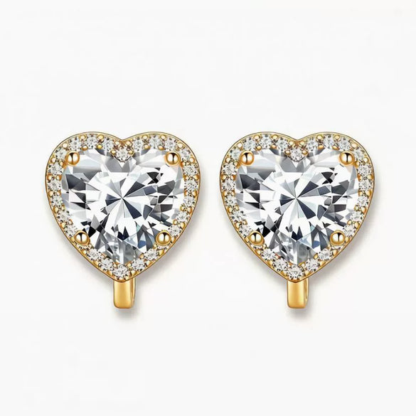 Women's Light Luxury Brass Heart Shape Zircon Clip On Earrings With Electroplated Finish For Non Pierced Ears Elegant Fashion Jewelry