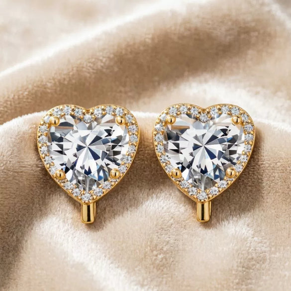 Women's Light Luxury Brass Heart Shape Zircon Clip On Earrings With Electroplated Finish For Non Pierced Ears Elegant Fashion Jewelry