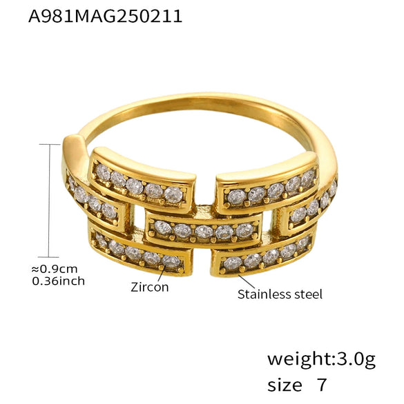 Women's Light Luxury Cold Style Geometric Zircon Ring Titanium Steel 18K Real Gold Electroplated