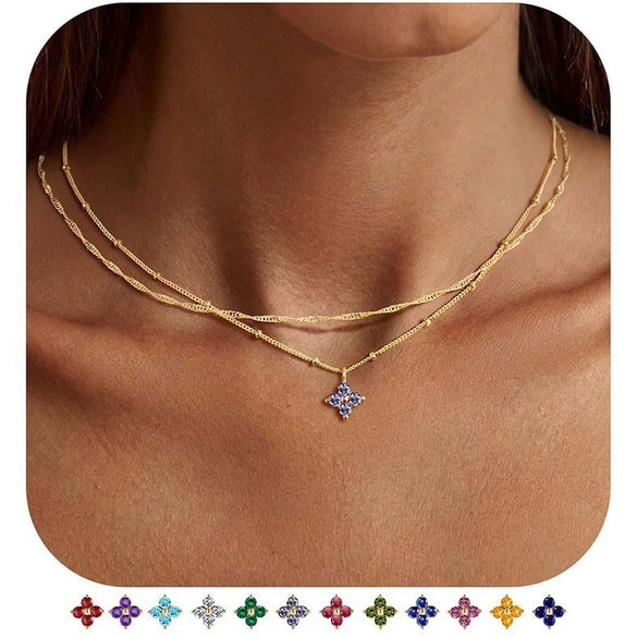 Women's Light Luxury Copper Four Leaf Clover Birthstone Necklace Geometric Leaf Pendant Clavicle Chain With Electroplated Finish