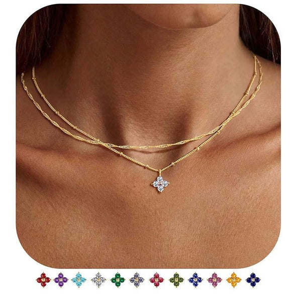 Women's Light Luxury Copper Four Leaf Clover Birthstone Necklace Geometric Leaf Pendant Clavicle Chain With Electroplated Finish