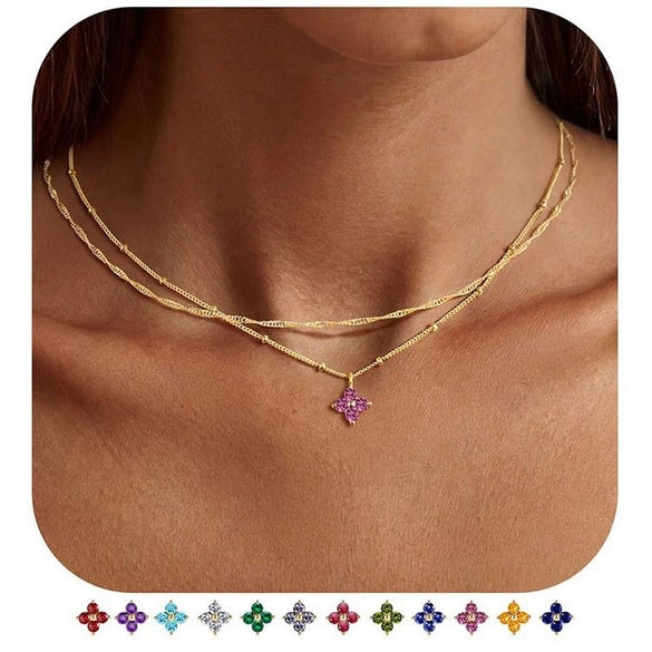 Women's Light Luxury Copper Four Leaf Clover Birthstone Necklace Geometric Leaf Pendant Clavicle Chain With Electroplated Finish
