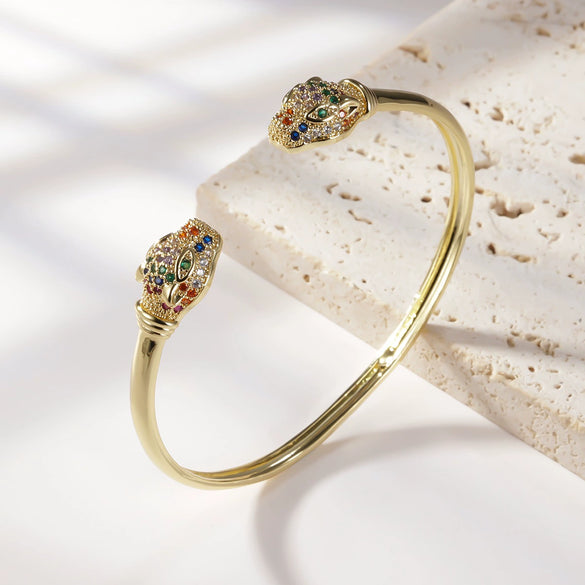 Women's Light Luxury Copper Open Bracelet With Inlaid Colorful Zircon Leopard Head Geometric Electroplated Statement Bangle