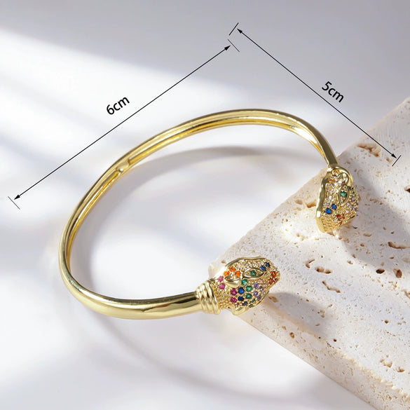 Women's Light Luxury Copper Open Bracelet With Inlaid Colorful Zircon Leopard Head Geometric Electroplated Statement Bangle