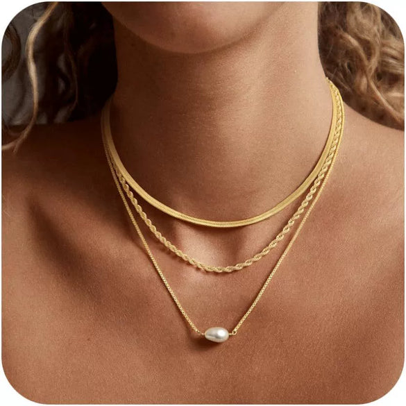 Women's Light Luxury Copper Three Layer Choker Necklace With Snake Bone And Paperclip Chain Geometric Design Electroplated Elegant Jewelry