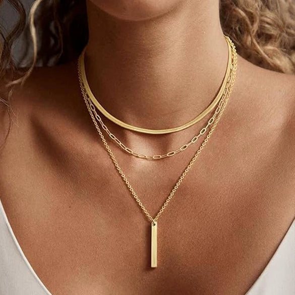 Women's Light Luxury Copper Three Layer Choker Necklace With Snake Bone And Paperclip Chain Geometric Design Electroplated Elegant Jewelry