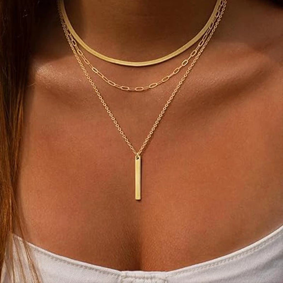 Women's Light Luxury Copper Three Layer Choker Necklace With Snake Bone And Paperclip Chain Geometric Design Electroplated Elegant Jewelry