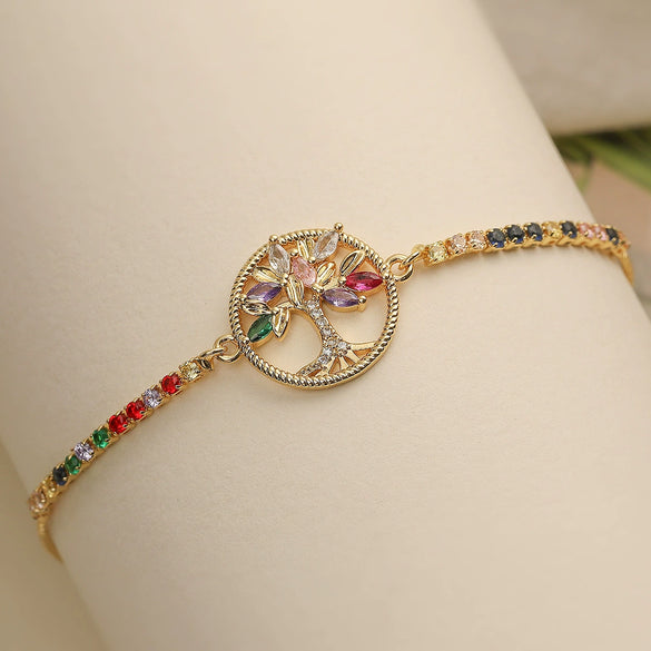 Women's Light Luxury Copper Tree Of Life Colored Zircon Micropaved Geometric Pattern Bracelet Jewelry
