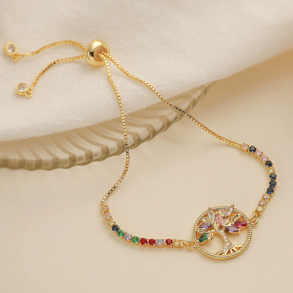 Women's Light Luxury Copper Tree Of Life Colored Zircon Micropaved Geometric Pattern Bracelet Jewelry