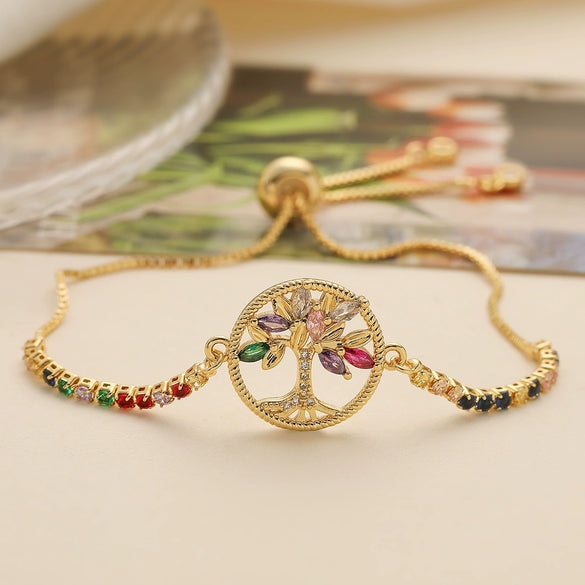 Women's Light Luxury Copper Tree Of Life Colored Zircon Micropaved Geometric Pattern Bracelet Jewelry