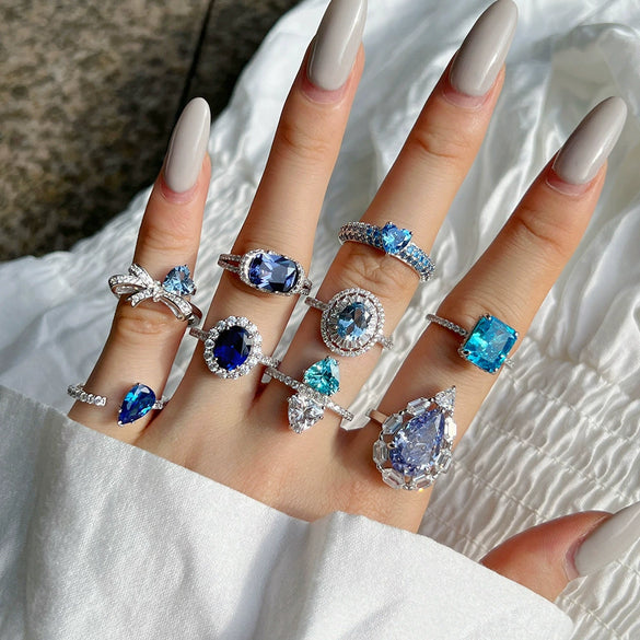 Women's Light Luxury Elegant Blue Ice Flower Cut 8A Zircon S925 Sterling Silver Ring With Geometric Pattern And Electroplating Treatment
